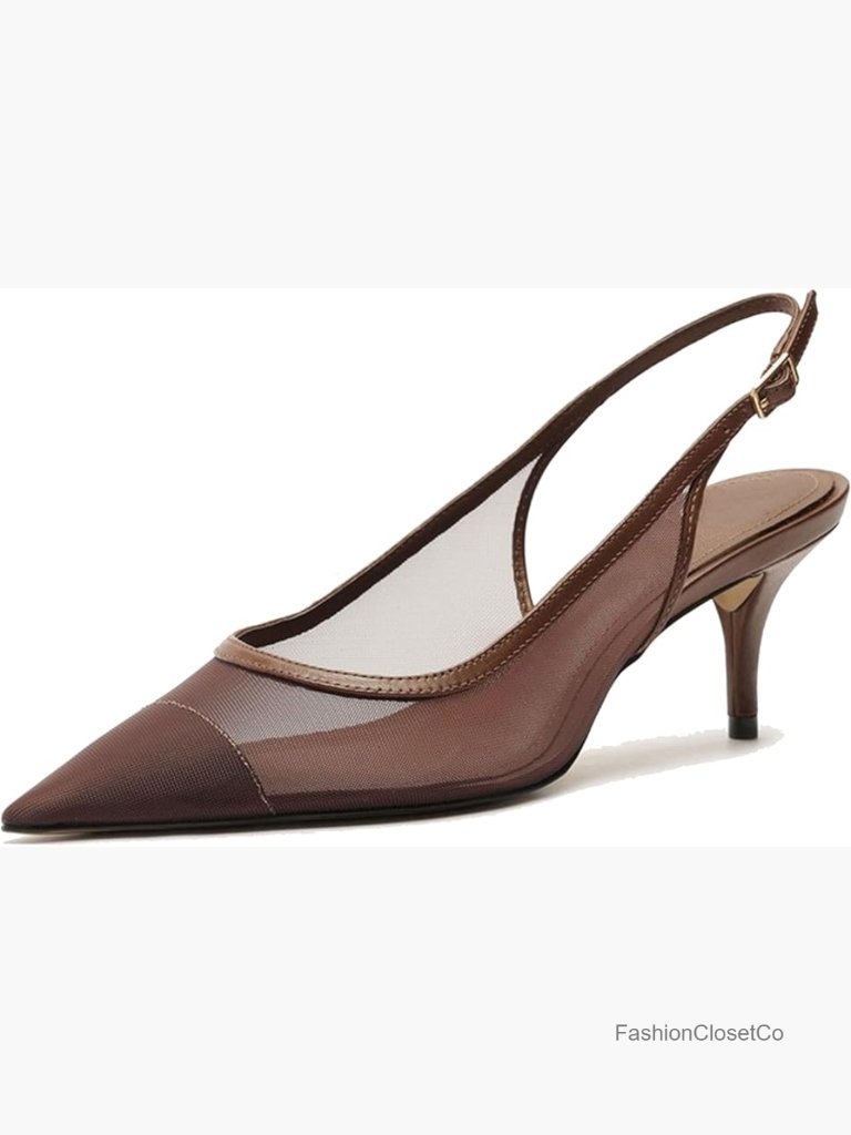 Slingback Kitten Heels With Pointed Toe Breathable Mesh Pu Low Heel